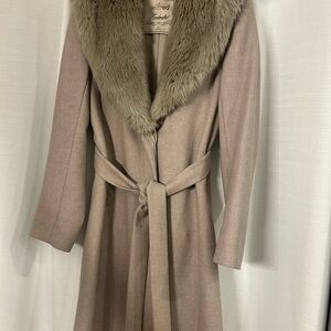 Wilfred Taupe Handcrafted Coat with Plush Faux Fur Trim